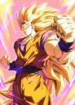  1boy absurdres aura biceps blonde_hair blue_sash blue_shirt blue_wristband clenched_hands commentary_request cowboy_shot dougi dragon_ball dragon_ball_z electricity energy hands_up highres long_hair looking_at_viewer male_focus muscular muscular_male no_eyebrows parted_lips pectorals sash sekitsuki_hayato shirt smile smirk solo son_goku spiked_hair standing super_saiyan super_saiyan_3 v-shaped_eyebrows very_long_hair wristband yellow_eyes 