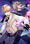  2boys :d ascot back-to-back black_ascot black_gloves black_jacket black_pants blonde_hair brooch clenched_hand collared_shirt crazy_eyes dual_persona fate/grand_order fate_(series) feet_out_of_frame glasses gloves green_eyes grey_background grey_vest hair_between_eyes half_gloves holding holding_knife jacket jacket_on_shoulders jekyll_and_hyde_(fate) jewelry knife looking_at_viewer looking_back male_focus miyamakoume multiple_boys open_mouth pants potion red_eyes sharp_teeth shirt short_hair smile spiked_hair spilling splatter_background sweatdrop teeth vest vial white_shirt 