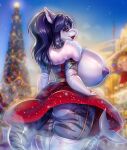  2022 accessory anthro areola arm_tattoo armwear artist_name big_breasts big_butt blue_hair blurred_background breasts butt christmas clothed clothing detailed_background dress elbow_gloves eyebrows eyelashes eyeshadow female fish furgonomics genitals gloves hair half-closed_eyes handwear hi_res holidays huge_breasts jewelry leg_tattoo legwear lipstick long_hair makeup marine narrowed_eyes nipples no_underwear pussy rebrokota ring sash shark smile solo striped_body stripes tail tail_accessory tail_jewelry tail_ring tattoo thigh_highs upskirt 