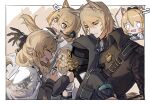  0_0 1boy 1other 3girls animal_ear_fluff animal_ears arknights bangs black_bow black_gloves black_headwear black_jacket black_shirt blemishine_(arknights) blonde_hair blush_stickers bow cape collared_shirt commentary_request doctor_(arknights) garrison_cap gloves hair_between_eyes hair_bow hat highres holding holding_syringe horse_ears horse_girl horse_tail huayu637 jacket locked_arms long_hair mini_hat mlynar_(arknights) multiple_girls nearl_(arknights) necktie orange_eyes ponytail profile shirt syringe tail teardrop whislash_(arknights) white_cape white_necktie white_shirt 