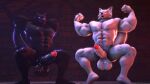  3d_(artwork) abs anthro balls big_balls big_penis canid canine canis clothing crouching digital_media_(artwork) duo erection flexing genitals glowing glowing_eyes hi_res looking_at_viewer male mammal muscular muscular_male ok_bruh penis petruz_(copyright) smile source_filmmaker thick_thighs tongue tongue_out wolf wolf_(petruz) 