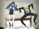  blonde_hair brother_and_sister fate/grand_order fate_(series) glasses hair_ornament highres huitzilopochtli_(fate) jumping_on_bed meme miniskirt multicolored_hair siblings skirt tezcatlipoca_(fate) youkai_gyaru_(meme) 