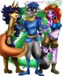  anthro bottomwear canid canine captain_neyla carmelita_fox clothing ear_piercing ear_ring felid female fighting_over_boy fox gesture glaring group hood male mammal moon-shyne multicolored_body pantherine piercing procyonid raccoon ring_piercing shorts shrug sly_cooper sly_cooper_(series) sony_corporation sony_interactive_entertainment sucker_punch_productions tiger trio two_tone_body 