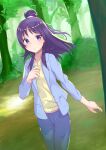  1girl absurdres bush day denim forest futari_wa_precure_splash_star grass high_ponytail highres jeans long_sleeves mishou_mai nature outdoors pants precure purple_eyes purple_hair saviour0329 shirt smile solo tree yellow_shirt 