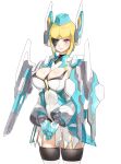  1girl avatar_(pso2) blonde_hair breasts conto cyborg eyepatch hat highres joints large_breasts mechanical_arms mechanical_hair mini_hat mole mole_on_breast phantasy_star phantasy_star_online_2 phantasy_star_online_2_new_genesis purple_eyes robot_joints short_hair smile solo thighhighs 