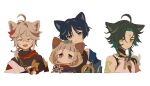  &gt;:( 1girl 3boys :d ahoge animal_ear_fluff animal_ears arm_armor bangs bead_necklace beads black_scarf black_shirt blue_hair blunt_bangs blunt_ends bright_pupils cat_ears chinese_clothes closed_eyes dark_blue_hair detached_sleeves fake_animal_ears fish forked_eyebrows genshin_impact green_hair grey_eyes grey_hair hair_between_eyes hood hoodie iwashi_(iwashi008) japanese_clothes jewelry kaedehara_kazuha looking_at_viewer low_ponytail mandarin_collar multicolored_hair multiple_boys necklace open_mouth parted_bangs parted_hair ponytail purple_eyes purple_hair purple_shirt red_eyeliner red_hair red_scarf red_shirt sayu_(genshin_impact) scaramouche_(genshin_impact) scarf shirt short_bangs short_hair short_hair_with_long_locks side_ponytail sleeveless sleeveless_shirt smile streaked_hair tattoo v-shaped_eyebrows vision_(genshin_impact) wanderer_(genshin_impact) white_background white_pupils white_shirt xiao_(genshin_impact) yellow_eyes 