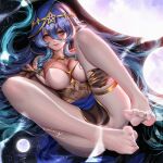  1girl alternate_breast_size blue_hair breasts claw_ring cleavage full_moon genshin_impact hair_between_eyes large_breasts layla_(genshin_impact) liang_xing long_hair looking_at_viewer moon paid_reward_available pointy_ears signature solo very_long_hair yellow_eyes 