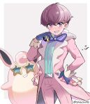  1boy belt belt_buckle blush buckle coat commentary_request gloves goro_orb green_shirt grey_belt grin hand_on_hip highres holding holding_poke_ball looking_at_viewer luxury_ball male_focus neck_ribbon open_clothes open_coat ortega_(pokemon) pants pink_coat pink_pants poke_ball pokemon pokemon_(game) pokemon_sv purple_eyes purple_hair ribbon shirt short_hair smile star-shaped_eyewear sunglasses team_star teeth twitter_username watermark wigglytuff 