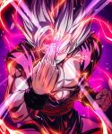  1boy biceps black_wristband clenched_hand closed_mouth collarbone commentary_request dougi dragon_ball dragon_ball_super dragon_ball_super_super_hero electricity energy frown glaring gohan_beast gradient_background grey_hair hand_on_own_forehead hand_up highres looking_at_viewer male_focus muscular muscular_male pectorals purple_background red_eyes red_sash sash sekitsuki_hayato serious solo son_gohan spiked_hair standing v-shaped_eyebrows wristband 