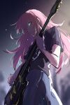  1girl angelique blue_eyes blurry blurry_background bocchi_the_rock! glowing glowing_eyes gotou_hitori guitar highres instrument long_hair music pink_hair playing_instrument plectrum shaded_face shirt sketch skirt solo sweatdrop t-shirt very_long_hair 