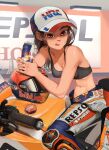  1girl abs absurdres baseball_cap biker_clothes bikesuit black_sports_bra bodysuit breasts brown_eyes brown_hair can cleavage commentary_request covered_nipples fingernails ground_vehicle hat headwear_removed helmet helmet_removed highres honda licking_lips long_hair medium_breasts motor_vehicle motorcycle narrow_waist navel on_motorcycle open_bodysuit open_clothes original product_placement red_bull rifleman1130 soda_can solo sponsor sports_bra tongue tongue_out unzipped 