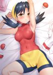  1girl armpits arms_up bike_shorts black_hair blush breasts brown_eyes cameltoe commission covered_navel hair_between_eyes kris_(pokemon) looking_at_viewer lying medium_breasts on_back poke_ball pokemon pokemon_adventures red_shirt shirt skeb_commission sleeveless taut_clothes taut_shirt tight torimaru turtleneck twintails 
