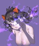  1girl australian_devil_(kemono_friends) black_hair breasts burikarun collarbone empty_eyes extra_ears eyepatch eyepatch_lift kemono_friends kemono_friends_3 large_breasts long_hair looking_at_viewer medical_eyepatch nude removing_eyepatch solo tasmanian_devil_ears 