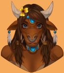  anthro blizzard_entertainment blue_eyes bovid bovine brown_hair clothed clothing ear_piercing ear_ring facial_piercing feathers female flower hair headgear headwear hi_res horn jewelry mammal necklace nekuromi nose_piercing nose_ring orange_background piercing plant ring_piercing simple_background solo tamaala_autumnsnout tauren warcraft 
