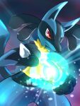  blurry blurry_foreground closed_mouth commentary furry furry_male glowing holding legs_apart lucario ninjya_palette no_humans orb pokemon pokemon_(creature) red_eyes serious solo standing v-shaped_eyebrows 