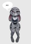  2023 anthro breasts cleavage clothed clothing dialogue disney female fur grey_body grey_fur hi_res judy_hopps lagomorph leporid looking_at_viewer mammal multicolored_body multicolored_fur purple_eyes qupostuv35 rabbit simple_background smile smiling_at_viewer solo talking_to_viewer two_tone_body two_tone_fur white_body white_fur zootopia 