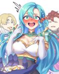  1girl absurdres alear_(fire_emblem) alfred_(fire_emblem) aqua_hair armor bangs bare_shoulders braid breasts chloe_(fire_emblem) cleavage diamant_(fire_emblem) elbow_gloves fire_emblem fire_emblem_engage garter_straps gloves green_eyes highres large_breasts long_hair pegasus_knight_uniform_(fire_emblem) proposal sher_(imnotsher) shoulder_armor side_braid single_braid smile solo very_long_hair white_gloves 