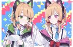  2girls :3 animal_ear_headphones animal_ears aqua_bow blonde_hair blue_archive blue_necktie bow cat_ear_headphones cheek_pinching cjsdh1000 closed_mouth collared_shirt controller fake_animal_ears game_controller green_eyes hair_bow halo headphones holding holding_controller holding_game_controller jacket jacket_partially_removed long_sleeves looking_at_another midori_(blue_archive) momoi_(blue_archive) multiple_girls necktie off_shoulder pinching pink_eyes red_bow shirt siblings sisters suspenders sweat twins upper_body white_shirt wide_sleeves 