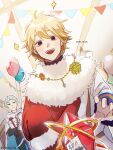  2boys aged_down balloon black_clover blonde_hair blue_hair cloak dated fur-trimmed_cloak fur_trim gen_me happy_birthday highres julius_novachrono looking_at_another male_focus marx_(black_clover) medal multiple_boys open_mouth purple_eyes red_cloak smile twitter_username 