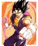  1boy absurdres arm_up biceps black_eyes black_hair border clenched_hands commentary_request dithering dougi dragon_ball dragon_ball_z earrings gloves hair_between_eyes hand_up highres incoming_attack incoming_punch jewelry looking_at_viewer male_focus multicolored_background muscular muscular_male open_mouth orange_background orange_shirt outside_border potara_earrings punching purple_sash sash sekitsuki_hayato shirt simple_background solo spiked_hair teeth tongue v-shaped_eyebrows vegetto white_border white_gloves 