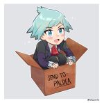  1boy :d bangs black_jacket blush border box cardboard_box collared_shirt commentary_request english_text goro_orb green_eyes green_hair grey_background highres in_box in_container jacket jewelry long_sleeves male_focus necktie open_mouth pokemon pokemon_(game) pokemon_oras red_necktie ring shirt short_hair smile solo sparkle squatting steven_stone twitter_username watermark white_border white_shirt 