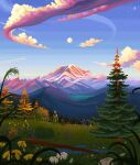  bush cloud commentary contrail english_commentary evening flower forest full_moon grass jubilee_(8px) moon mountain mountainous_horizon nature no_humans original outdoors path pixel_art purple_flower scenery star_(sky) sunset tree water white_flower yellow_flower 