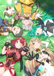  2boys 4girls absurdres animal_ears azurda_(xenoblade) bangs blonde_hair breasts brown_hair cat_ears chest_jewel cleavage fingerless_gloves gloves grass green_hair grey_hair highres ii_tea large_breasts lying multiple_boys multiple_girls mythra_(xenoblade) nia_(xenoblade) on_back outstretched_arm pneuma_(xenoblade) pyra_(xenoblade) red_hair rex_(xenoblade) smile swept_bangs tiara xenoblade_chronicles_(series) xenoblade_chronicles_2 