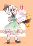  1girl black_footwear black_hairband black_ribbon blue_eyes bowl ceroblitz fire green_skirt hairband highres holding holding_bowl ketchup konpaku_youmu konpaku_youmu_(ghost) ribbon short_hair skirt solo thighhighs touhou white_hair white_thighhighs 