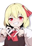  1girl ascot black_vest blonde_hair blush collared_shirt grin hair_ribbon heart heart_hands highres kameyan long_sleeves red_ascot red_eyes red_ribbon ribbon rumia shirt short_hair simple_background smile solo touhou vest white_background white_shirt 
