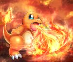  blue_eyes breathing_fire charmander claws commentary fire flame full_body legs_apart ninjya_palette no_humans open_mouth pokemon pokemon_(creature) sharp_teeth solo standing teeth 