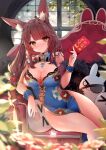  1girl :3 animal_ears bare_shoulders blue_dress breasts brown_hair chair china_dress chinese_clothes cleavage cleavage_cutout closed_mouth clothing_cutout dress feather_boa gold_trim hand_up highres hongbao indie_virtual_youtuber large_breasts long_hair looking_at_viewer mole mole_under_eye no_bra no_panties pelvic_curtain rabbit_ears sitting sleeveless sleeveless_dress smile solo thighs usagihime usagihime_(vtuber) very_long_hair virtual_youtuber wrist_cuffs yellow_eyes 