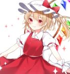  +_+ 1girl back_bow blonde_hair bow closed_mouth collared_shirt crystal flandre_scarlet frilled_sleeves frills hair_between_eyes hat hat_ribbon highres light_blush looking_at_viewer mob_cap one_side_up protected_link puffy_short_sleeves puffy_sleeves red_eyes red_ribbon red_skirt red_vest ribbon shirt short_hair short_sleeves simple_background skirt skirt_set smile smug solo touhou v-shaped_eyebrows vest white_background white_bow white_headwear white_shirt wings wrist_cuffs yurui_tuhu 