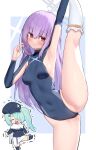  2girls aqua_hair arm_up armpit_cutout armpits atsuko_(blue_archive) black_headwear black_leotard blue_archive blush breasts cabbie_hat chibi closed_mouth clothing_cutout commentary_request covered_navel crying hair_ornament hair_over_one_eye hairclip hand_up hat hiyori_(blue_archive) leg_up leotard long_hair long_sleeves looking_at_viewer multiple_girls one_eye_covered open_mouth purple_hair red_eyes side_ponytail small_breasts smile socks split standing standing_on_one_leg standing_split tears thighs turtleneck turtleneck_leotard ushimittsu white_socks 