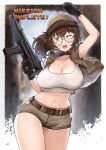  1girl ;d baseball_cap belt black_choker black_gloves breasts brown_belt brown_eyes brown_hair brown_headwear brown_shorts brown_vest choker contrapposto crop_top cropped_vest english_text fio_germi glasses gloves gun hat highres holding holding_gun holding_weapon large_breasts metal_slug midriff navel one_eye_closed open_mouth persocon93 ponytail short_shorts shorts smile solo stomach submachine_gun tank_top thighs vest weapon white_tank_top 