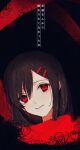  1girl additional_memory_(vocaloid) bad_id bad_twitter_id bangs black_background black_eyes closed_mouth dark_background enpera flower hair_ornament hairclip head_only highres kagerou_project limited_palette long_bangs long_scarf looking_at_viewer lyrics mekakucity_actors naomasap red_eyes red_scarf scarf slit_pupils solo spider_lily tateyama_ayano translated twitter_username wavy_mouth 