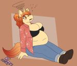  absurd_res anthro belly_overhang bottomwear bra breasts cleavage cleavage_overflow clothed clothing dazed denim denim_clothing drunk equid equine female hi_res horse jeans lonnyk mammal overweight overweight_female pants solo substance_intoxication underwear 