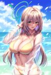  1girl :d absurdres bikini blonde_hair blue_archive blue_sky blush breasts cloud cowboy_shot day green_eyes halo hand_in_own_hair highres kimchi_(user_mpzz8457) large_breasts long_hair looking_at_viewer navel nonomi_(blue_archive) nonomi_(swimsuit)_(blue_archive) ocean open_mouth outdoors see-through see-through_shirt side-tie_bikini_bottom sky smile solo stomach swimsuit water wet wet_hair yellow_bikini 