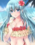 1girl aqua_eyes aqua_hair bangs beach breasts cleavage eirika_(fire_emblem) eirika_(summer)_(fire_emblem) fire_emblem fire_emblem:_the_sacred_stones fire_emblem_heroes flower food hair_between_eyes hair_flower hair_ornament holding_ice_cream jewelry kirishima_riona long_hair looking_at_viewer navel necklace ocean popsicle solo swimsuit tongue tongue_out upper_body 
