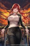 absurdres belt_pouch black_pants breasts building gun handgun highres jacket large_breasts lillly long_hair open_clothes open_jacket pants pouch red_eyes red_hair shirt sunset sword weapon white_shirt 