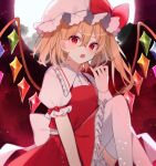  1girl :o back_bow blonde_hair bow collared_shirt crystal fang feet_out_of_frame flandre_scarlet frilled_shirt_collar frilled_skirt frilled_sleeves frills full_moon hand_up hat hat_ribbon highres knees_up mob_cap moon one_side_up open_mouth petticoat puffy_short_sleeves puffy_sleeves red_eyes red_nails red_ribbon red_skirt red_sky red_vest ribbon shirt short_hair short_sleeves skirt skirt_set sky solo thighhighs touhou vest white_bow white_headwear white_shirt white_thighhighs wings yurui_tuhu 