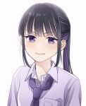  1girl bangs black_hair closed_mouth collared_shirt kuromiya_sana light_blush long_hair multicolored_hair necktie open_collar original pocket portrait purple_eyes purple_hair purple_necktie shirt sidelocks simple_background solo staring streaked_hair two-tone_hair upper_body white_background white_shirt 