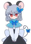  1girl animal_ears bangs blue_bow blue_bowtie blue_capelet bow bowtie capelet dress grey_dress grey_hair grey_skirt hair_bow highres long_sleeves mouse_ears mouse_tail nazrin op_na_yarou red_eyes shirt short_hair simple_background skirt solo tail tail_bow tail_ornament touhou white_background white_bow white_shirt 