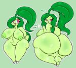  anthro big_breasts big_butt breasts butt chikorita english_text female generation_2_pokemon genitals green_body green_hair hair hazel_(lewdchuu) hi_res huge_breasts huge_butt lewdchuu_(artist) navel nintendo pink_eyes pokemon pokemon_(species) pussy solo text 