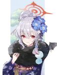  1girl absurdres ash_(cat7evy) blue_archive demon_wings flower hair_flower hair_ornament halo happy_new_year haruna_(blue_archive) haruna_(new_year)_(blue_archive) highres japanese_clothes kimono looking_at_viewer red_eyes white_background white_hair wings 