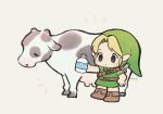  ayu_(mog) belt black_eyes blonde_hair blush boots brown_footwear chibi closed_eyes cow green_headwear hand_on_hip hooves link milk nintendo pointy_ears simple_background sword sword_on_back the_legend_of_zelda udder weapon weapon_on_back white_background 