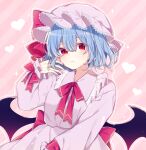  1girl back_bow bangs bat_wings blue_hair bow closed_mouth collared_shirt diagonal_stripes frilled_shirt_collar frilled_sleeves frills frown hair_between_eyes hand_on_own_face hand_up hat hat_ribbon heart highres long_sleeves looking_at_viewer mob_cap neck_ribbon pink_background pink_headwear pink_shirt pink_skirt red_bow red_eyes red_nails red_ribbon remilia_scarlet ribbon shirt short_hair skirt skirt_set solo sparkle striped striped_background touhou upper_body wings yurui_tuhu 