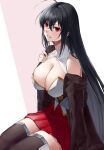  1girl ahoge akagi_(azur_lane) akagi_(azur_lane)_(cosplay) alternate_costume alternate_hairstyle azur_lane bare_shoulders black_hair black_kimono breasts cleavage cleavage_cutout clothing_cutout cosplay hand_on_own_chest highres japanese_clothes kimono large_breasts long_hair off_shoulder pleated_skirt red_eyes red_skirt sitting skirt smile taihou_(azur_lane) thighhighs yorugami_rei 