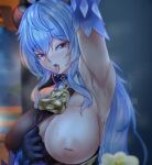  1girl absurdres ahoge armpits artist_name bell black_gloves blue_hair blurry blurry_background blurry_foreground bodystocking bodysuit_aside breasts clothes_pull cowbell depth_of_field detached_sleeves flower ganyu_(genshin_impact) genshin_impact gloves goat_horns hair_between_eyes highres horns inverted_nipples large_breasts long_hair looking_at_viewer manami030 one_breast_out open_mouth pixiv_logo presenting_armpit pulled_by_self purple_eyes qingxin_flower revision solo sweat tongue tongue_out upper_body white_flower white_sleeves 