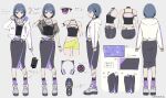  1girl armlet bandaid bandaid_on_leg belt black_choker black_shirt black_skirt black_socks blue_hair bracelet choker closed_mouth collarbone copyright_name diamond-shaped_pupils diamond_(shape) drawstring full_body hair_ornament headphones jacket jewelry koshimizu_toru looking_at_viewer mole mole_under_eye multiple_views nail_polish navel nijisanji official_art open_clothes open_jacket purple_eyes purple_socks reference_sheet shirt shoes short_hair shorts simple_background skirt sleeveless sneakers socks symbol-shaped_pupils tachi-e triangle triangle_hair_ornament virtual_youtuber vivi_(eve_no_hakoniwa) white_background white_belt white_jacket yellow_shorts zipper zipper_pull_tab 