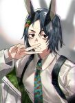  1boy animal_ears bag bags_under_eyes bangs black_eyes blue_hair blue_necktie blurry blurry_background carrot_hair_ornament carrot_print collared_shirt english_commentary food-themed_hair_ornament food_print hair_between_eyes hair_ornament hand_up kyouichi long_sleeves looking_at_viewer male_focus necktie open_mouth original rabbit_ears sanpaku shirt short_hair solo swept_bangs upper_body v v_over_mouth white_shirt 